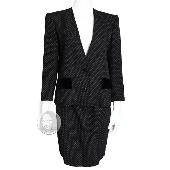 Oscar de la Renta Suit Jacket & Skirt Set 2pc Pinstripe Velvet Trim Vintage 90s - Picture 1 of 7
